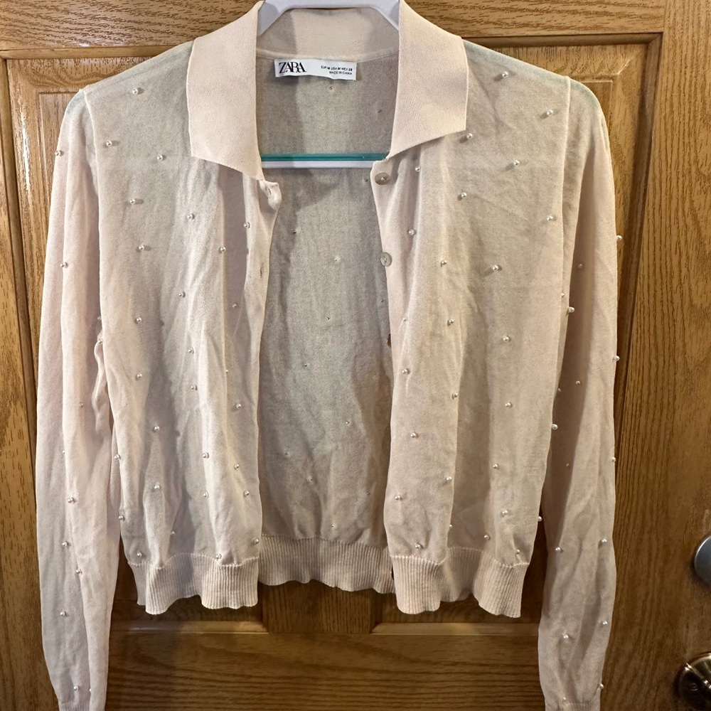 ZARA Cream Knit Pearl-Accent Knit Button Cardigan Jacket